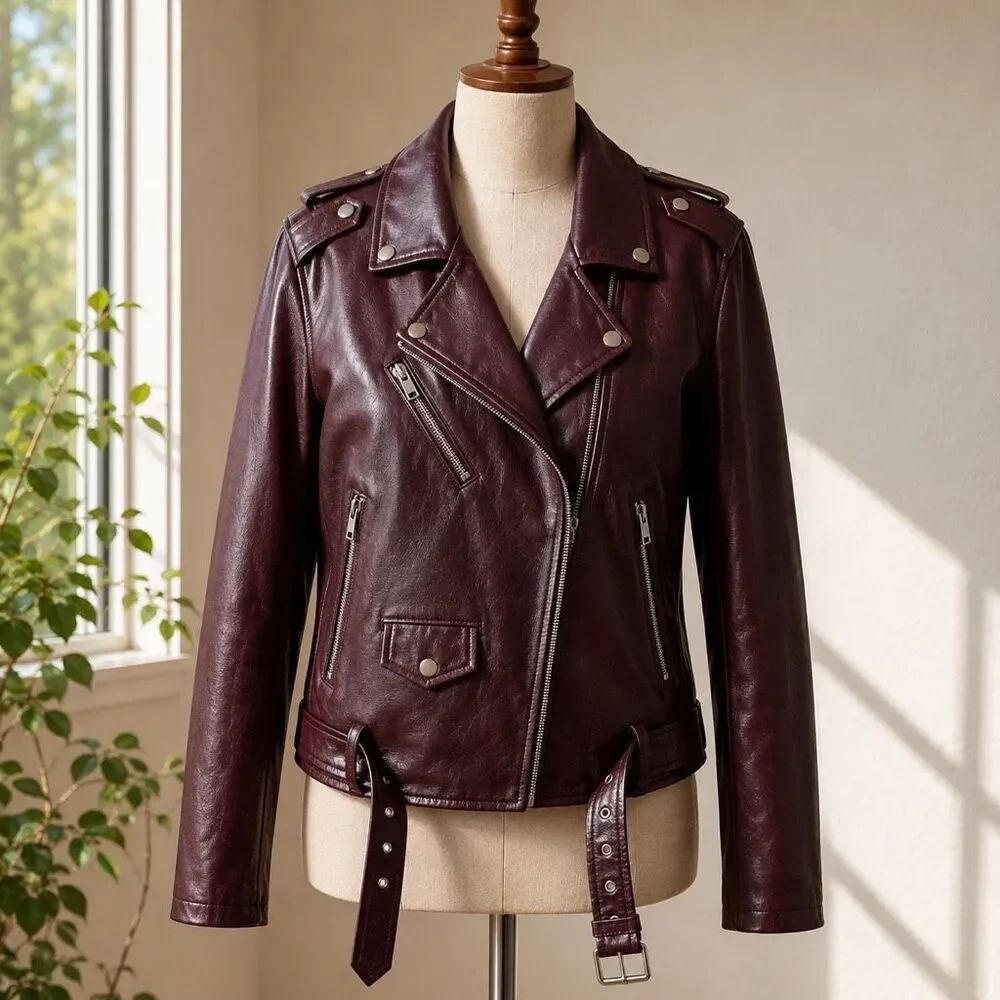 Rebecca Minkoff Aubrey Faux Leather Moto Biker Jacket Oxblood Burgundy Medium